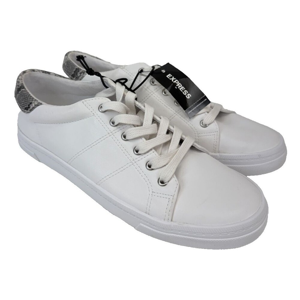 Express Women's White Faux Leather Lace Up Sneakers Snake Print Heel Size 10 NWT